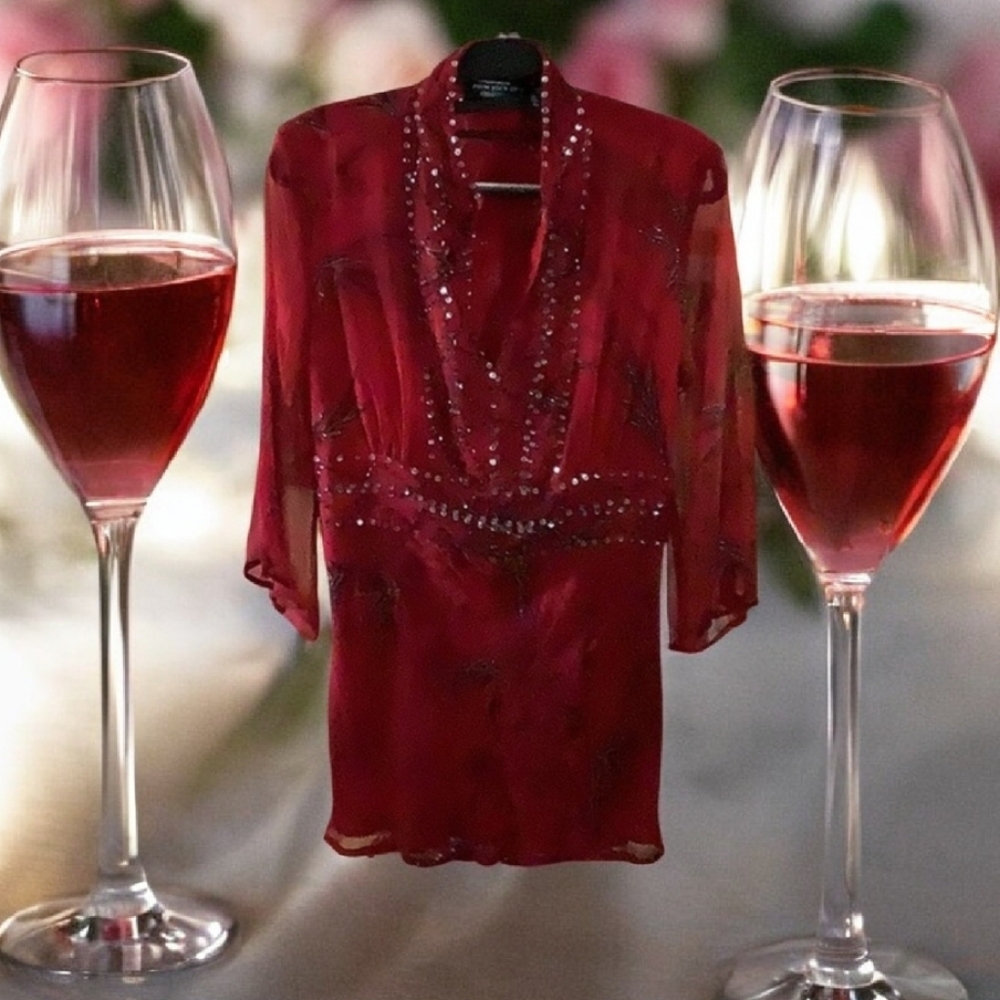 New York City design company red holiday shirt sheer medium with sequins…